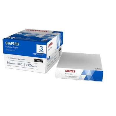Staples Multiuse 8.5" X 11" Copy Paper 20 Lbs 94 Brightness 500/RM 3 RM/CT 2758847 3 Staples Multiuse 8.5" X 11" Copy Paper 20 Lbs 94 Brightness 500/RM 3 RM/CT 2758847