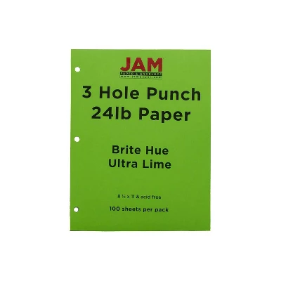 JAM Paper 3 Hole Punch 24lb Colored Paper 8.5 X 11 Ultra Lime Green 100 Sheets/Pack (354428160) 3 JAM Paper 3 Hole Punch 24lb Colored Paper 8.5 X 11 Ultra Lime Green 100 Sheets/Pack (354428160)