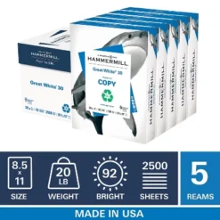 Hammermill Great White 30 Recycled Print Paper 92 Bright 20lb 8.5 X 11 White 500 Sheets/Ream 5