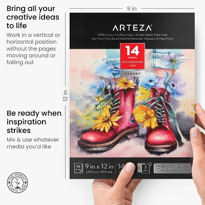 Arteza Hot-Pressed Watercolor Paper Pad, 100% Cotton, 9”x12”, 14 Sheets, For Detailed Work And Line Work, Dries Fast With Vivid Colors 4 Arteza Hot-Pressed Watercolor Paper Pad, 100% Cotton, 9”x12”, 14 Sheets, For Detailed Work And Line Work, Dries Fast With Vivid Colors - Image 2
